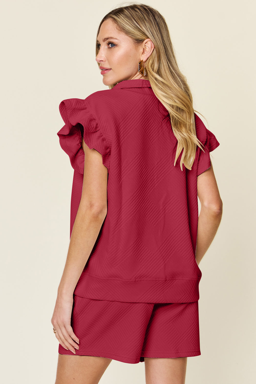 Indie Texture Flounce Sleeve Top and Drawstring Shorts Set