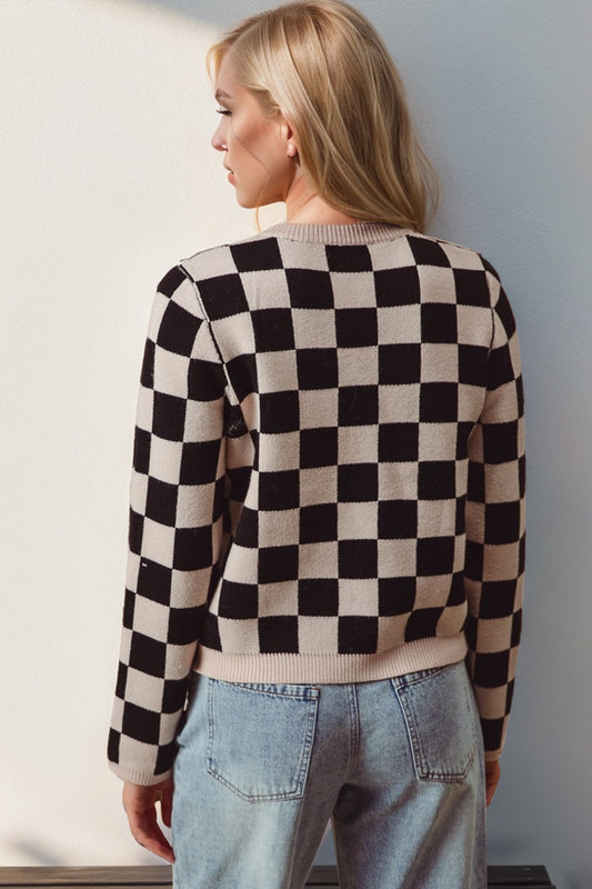 Maria Checkered Tie Front Long Sleeve Cardigan
