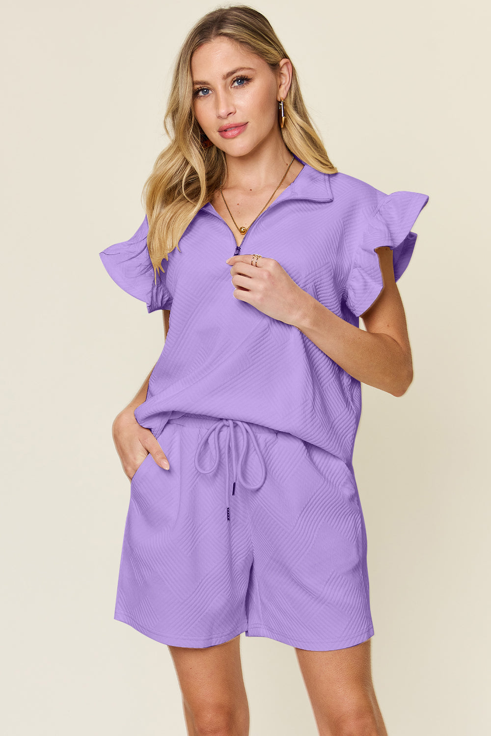 Indie Texture Flounce Sleeve Top and Drawstring Shorts Set