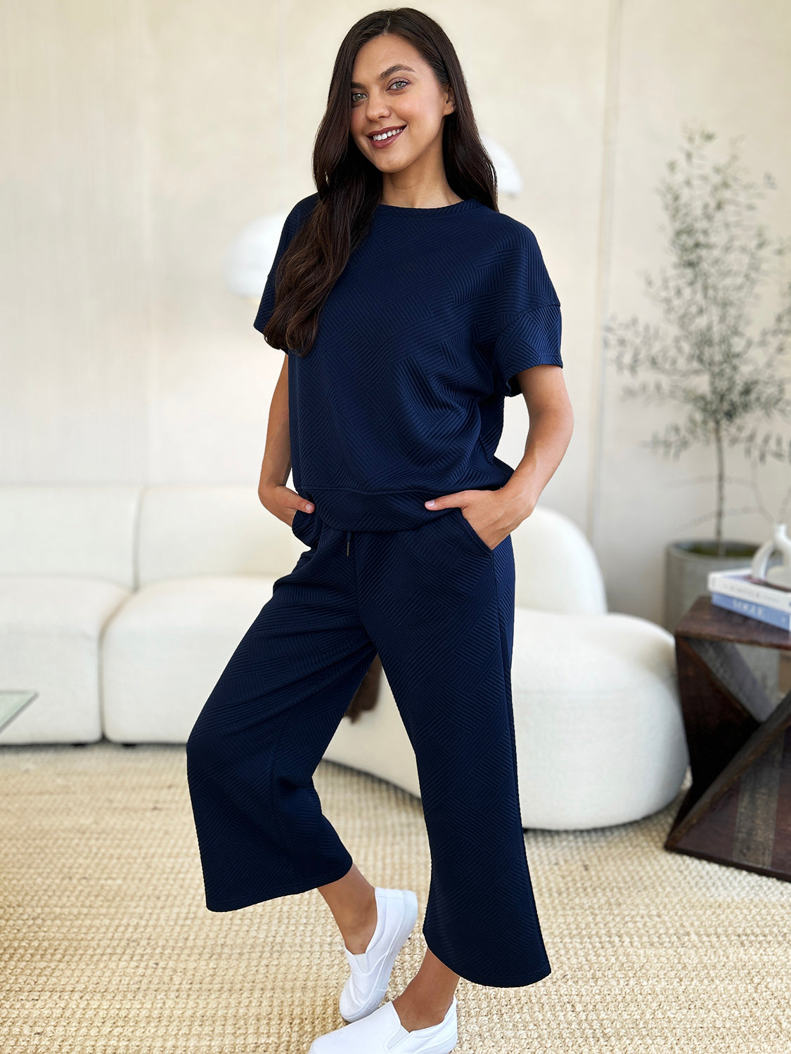 Daisy Texture Short Sleeve Top and Pants Set