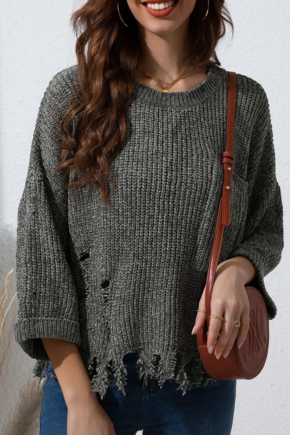 Devan Distressed Round Neck Drop Shoulder Sweater