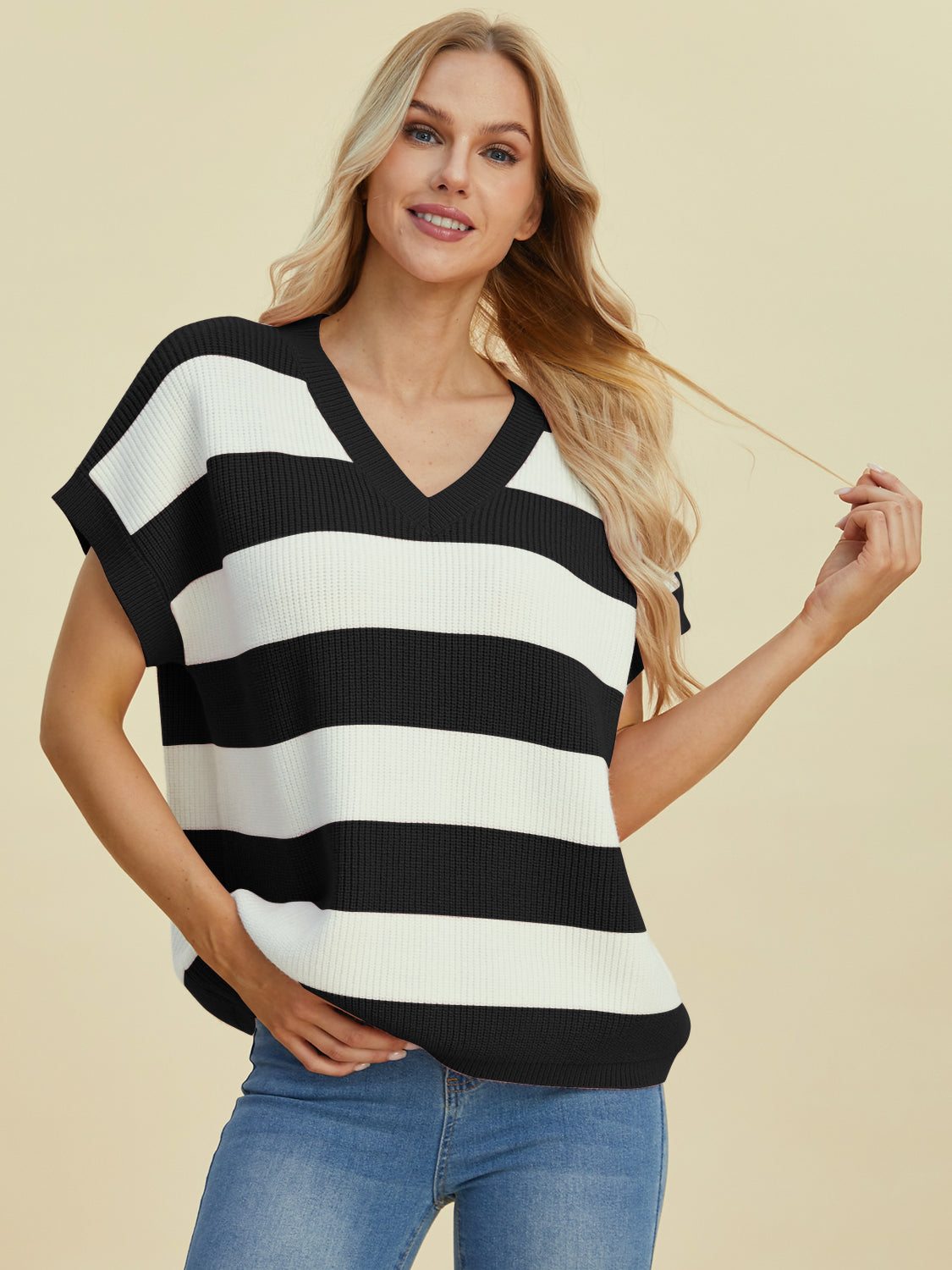 Anna Striped V-Neck Short Sleeve Sweater
