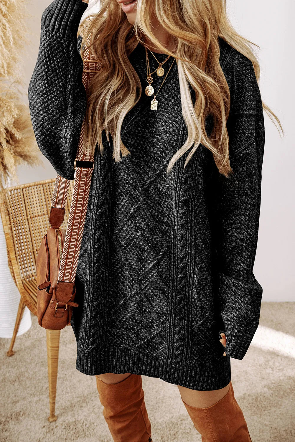 Ann Cable-Knit Round Neck Sweater Dress