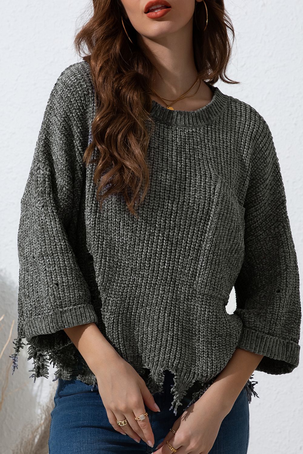 Devan Distressed Round Neck Drop Shoulder Sweater