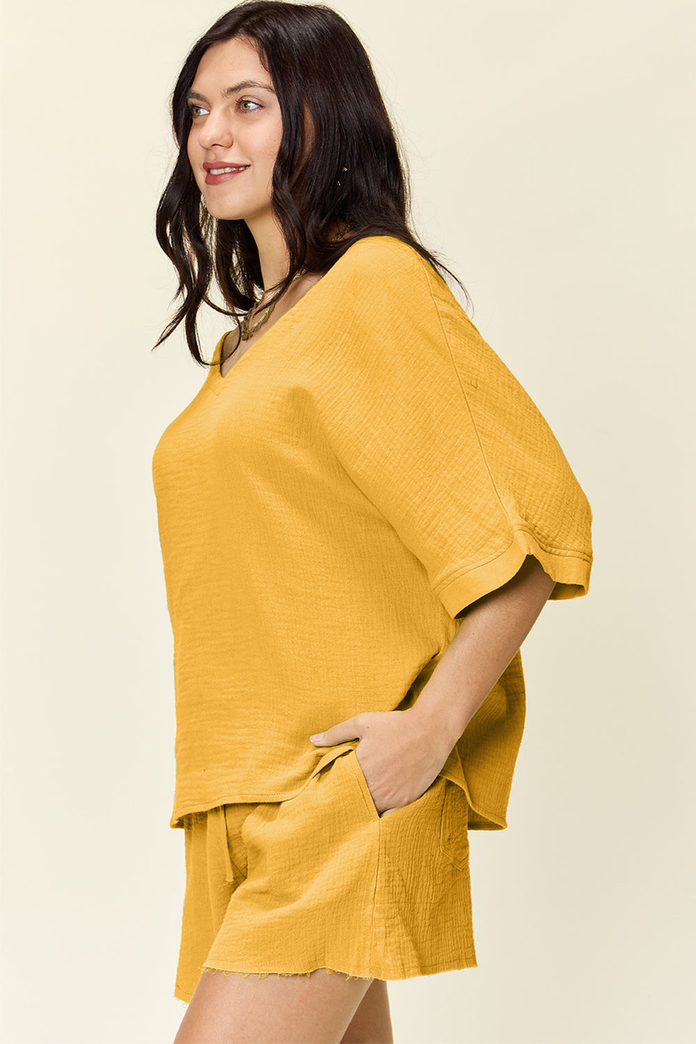 Daphne Texture Half Sleeve T-Shirt and Drawstring Shorts Set