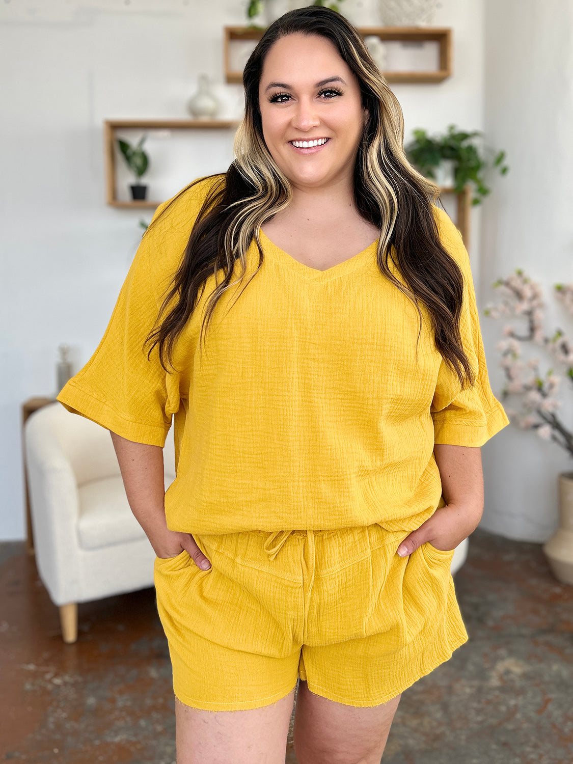 Daphne Texture Half Sleeve T-Shirt and Drawstring Shorts Set