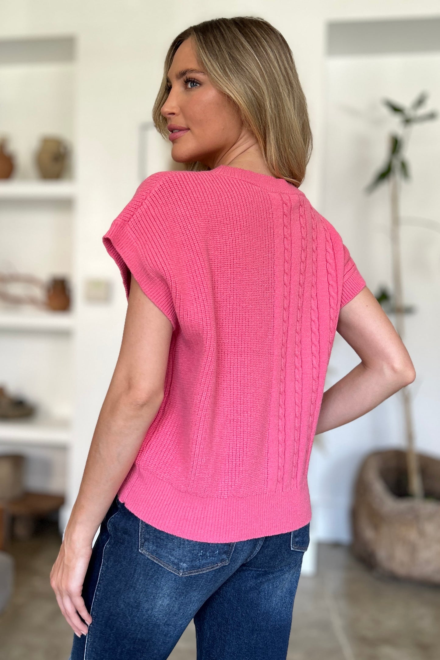 Jovi Double Take Cable-Knit Round Neck Short Sleeve Sweater