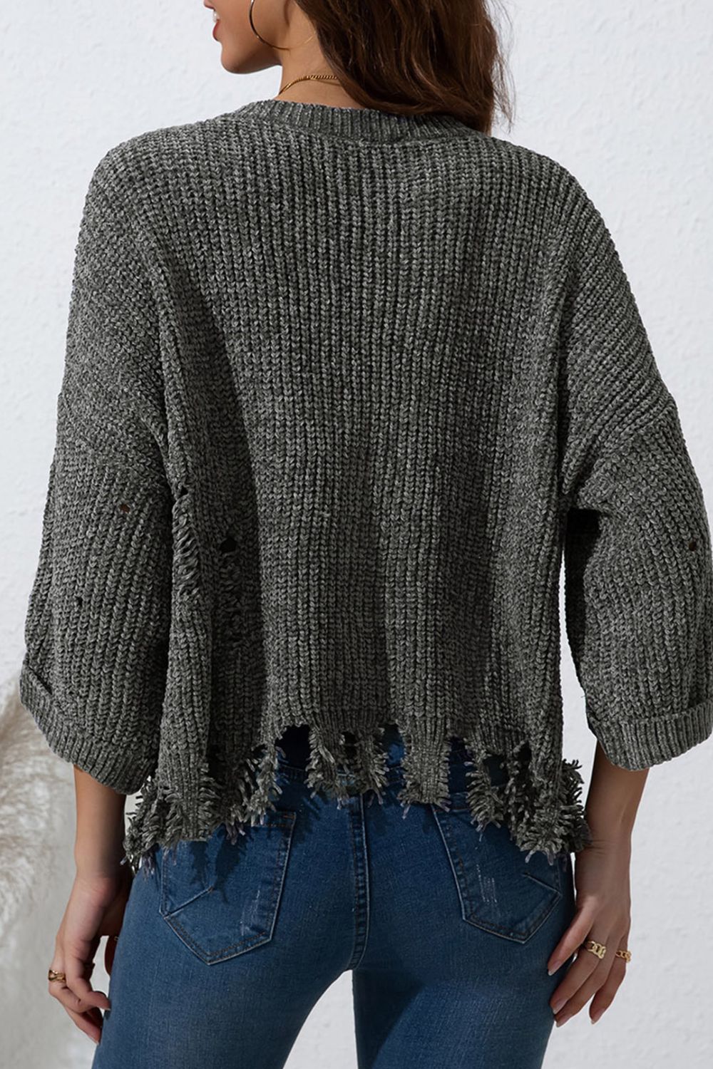 Devan Distressed Round Neck Drop Shoulder Sweater
