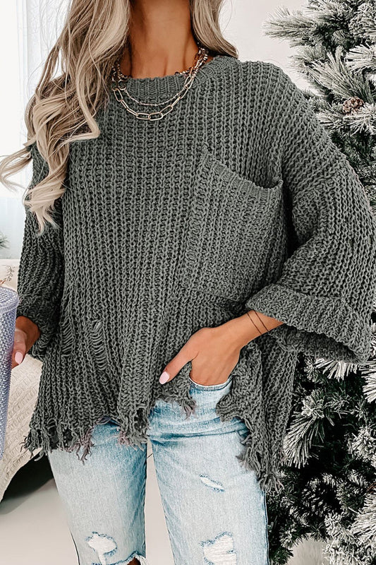 Devan Distressed Round Neck Drop Shoulder Sweater