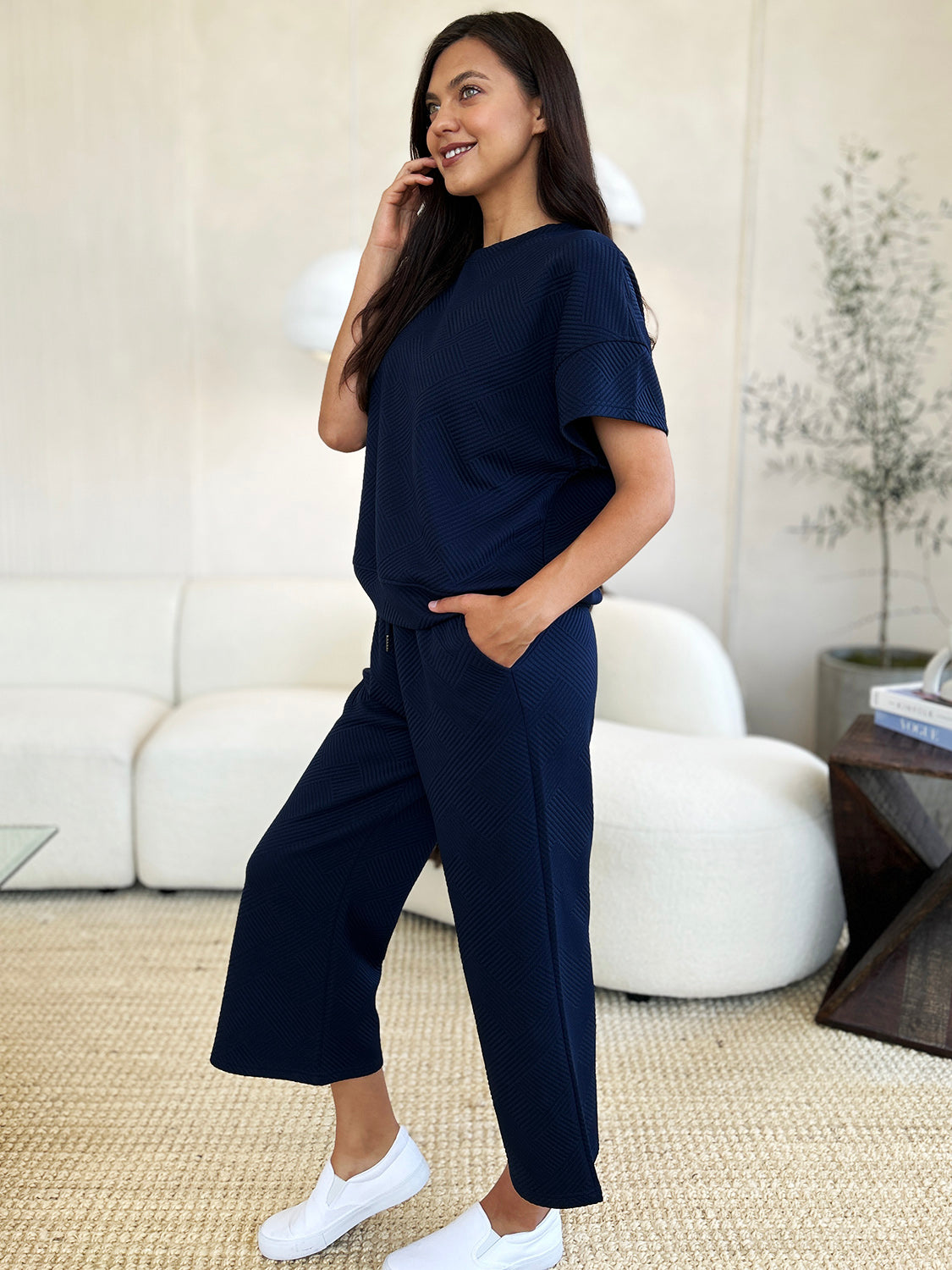 Daisy Texture Short Sleeve Top and Pants Set