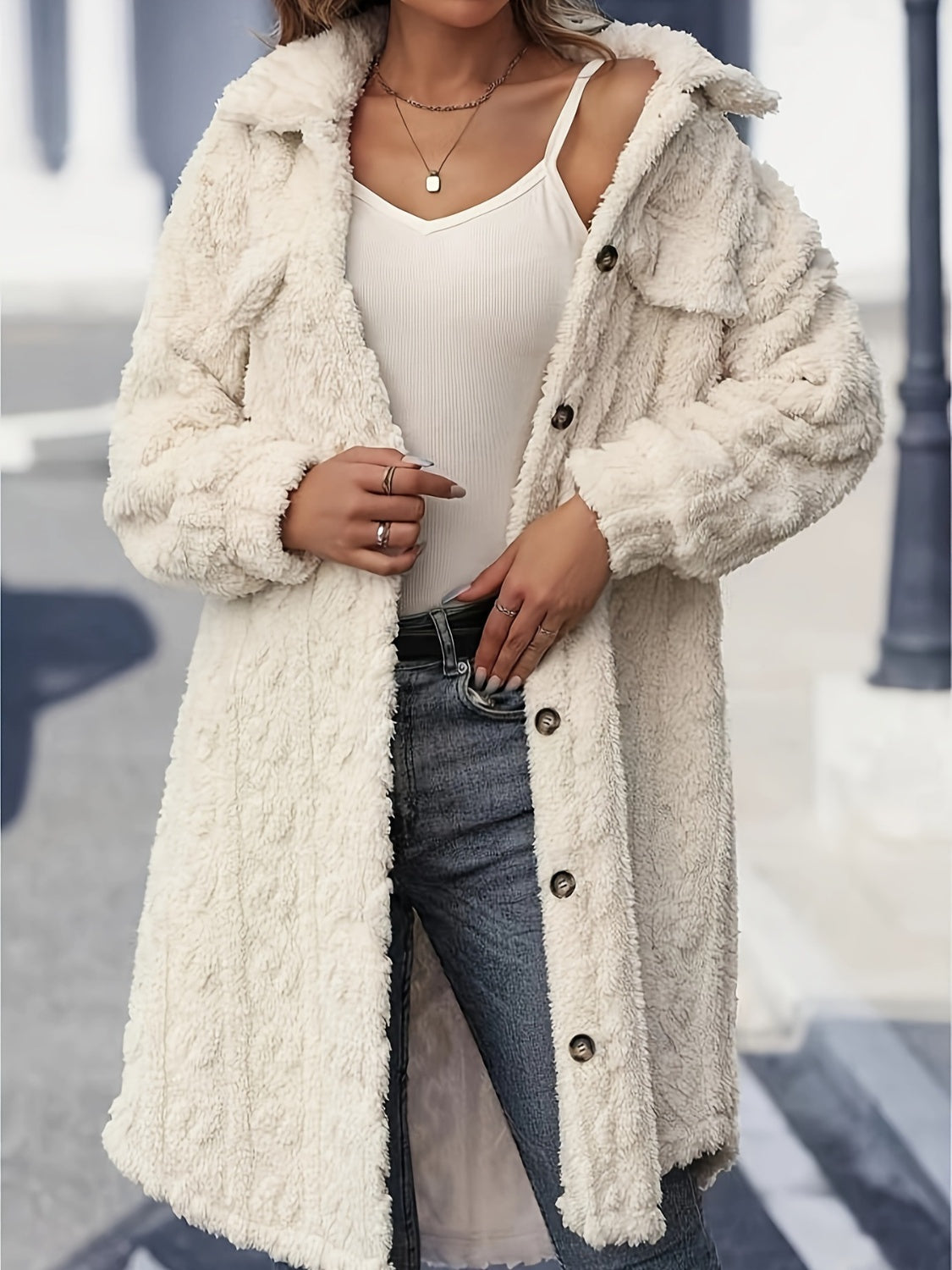 Retta Fuzzy Button Up Long Sleeve Longline Coat