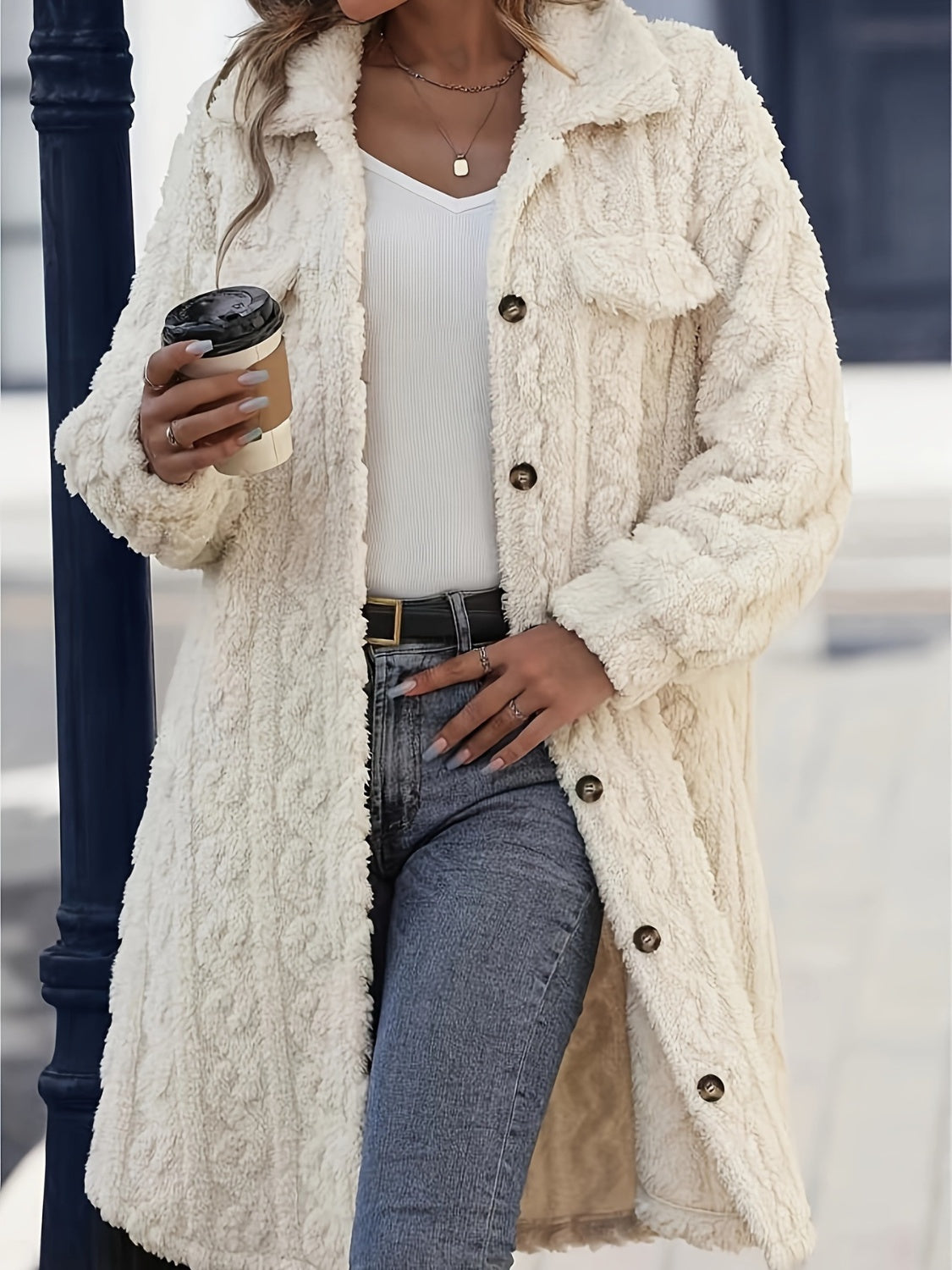 Retta Fuzzy Button Up Long Sleeve Longline Coat