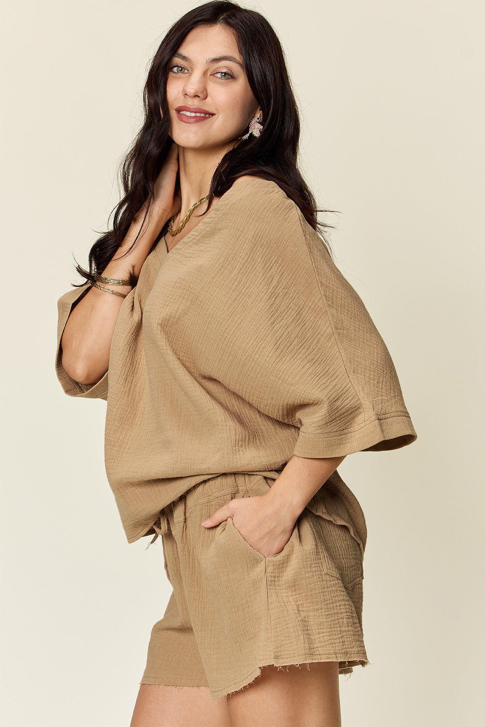 Daphne Texture Half Sleeve T-Shirt and Drawstring Shorts Set