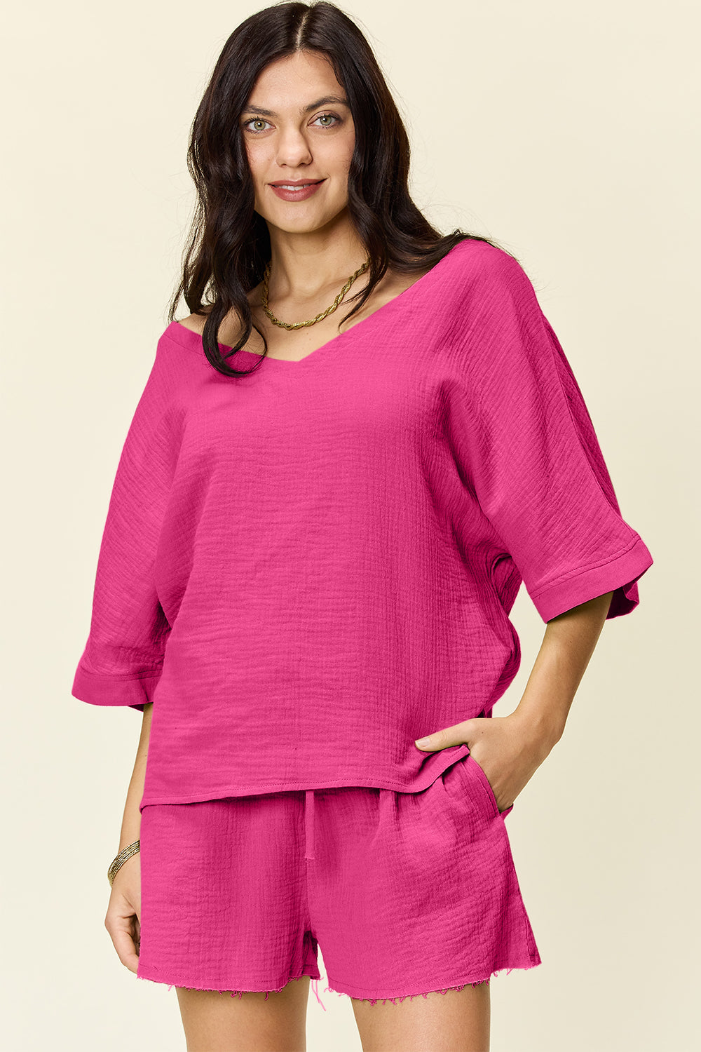 Daphne Texture Half Sleeve T-Shirt and Drawstring Shorts Set