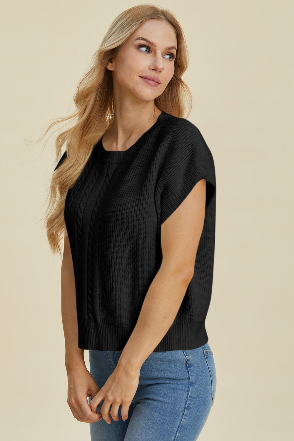 Jovi Double Take Cable-Knit Round Neck Short Sleeve Sweater