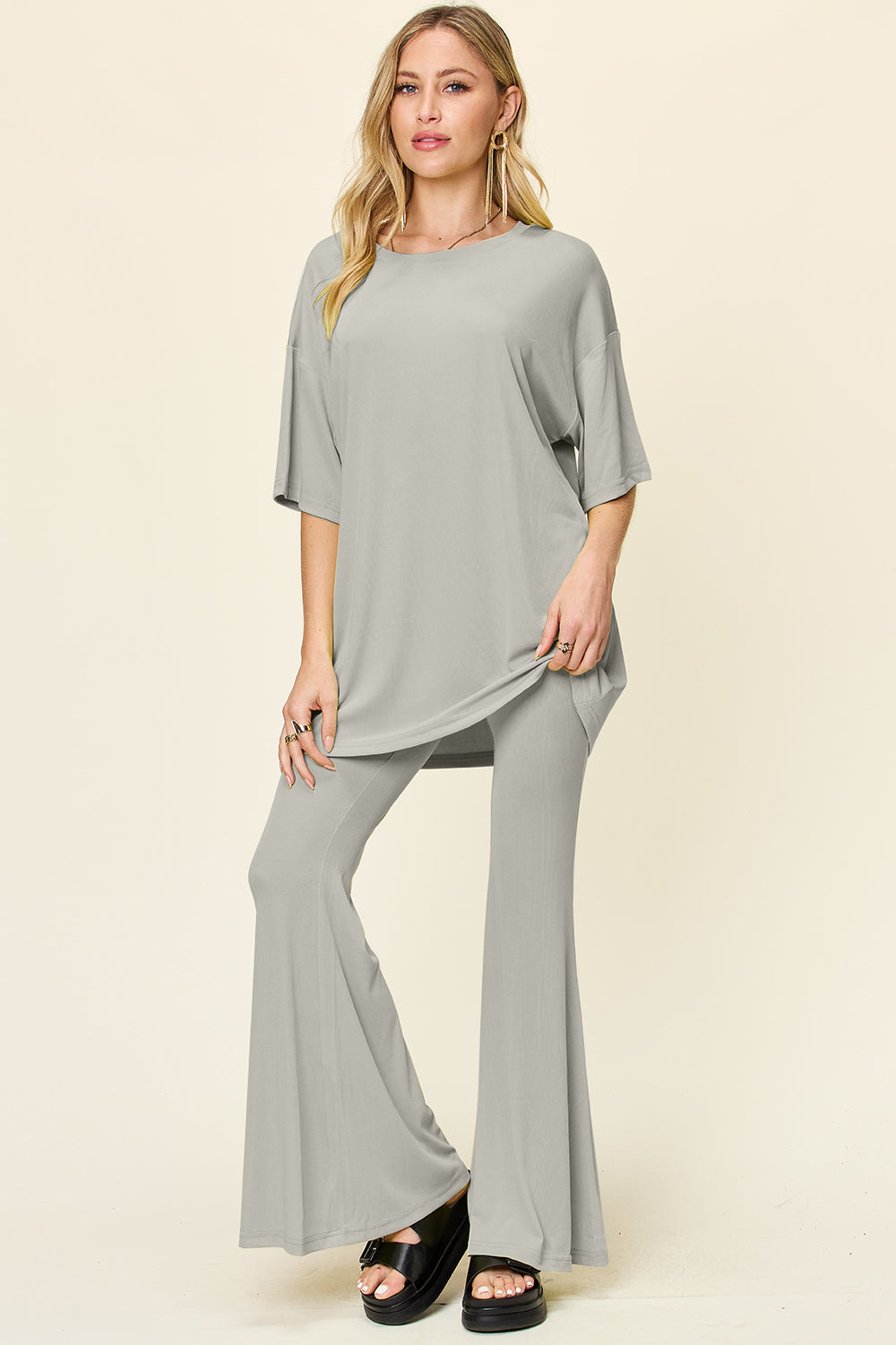 Brecklyn Round Neck Drop Shoulder T-Shirt and Flare Pants Set