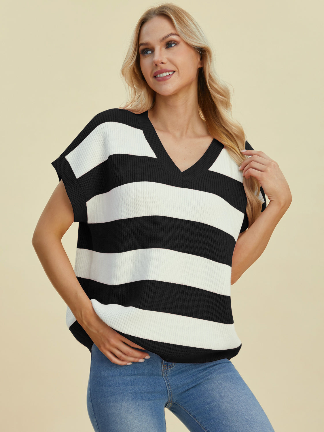 Anna Striped V-Neck Short Sleeve Sweater