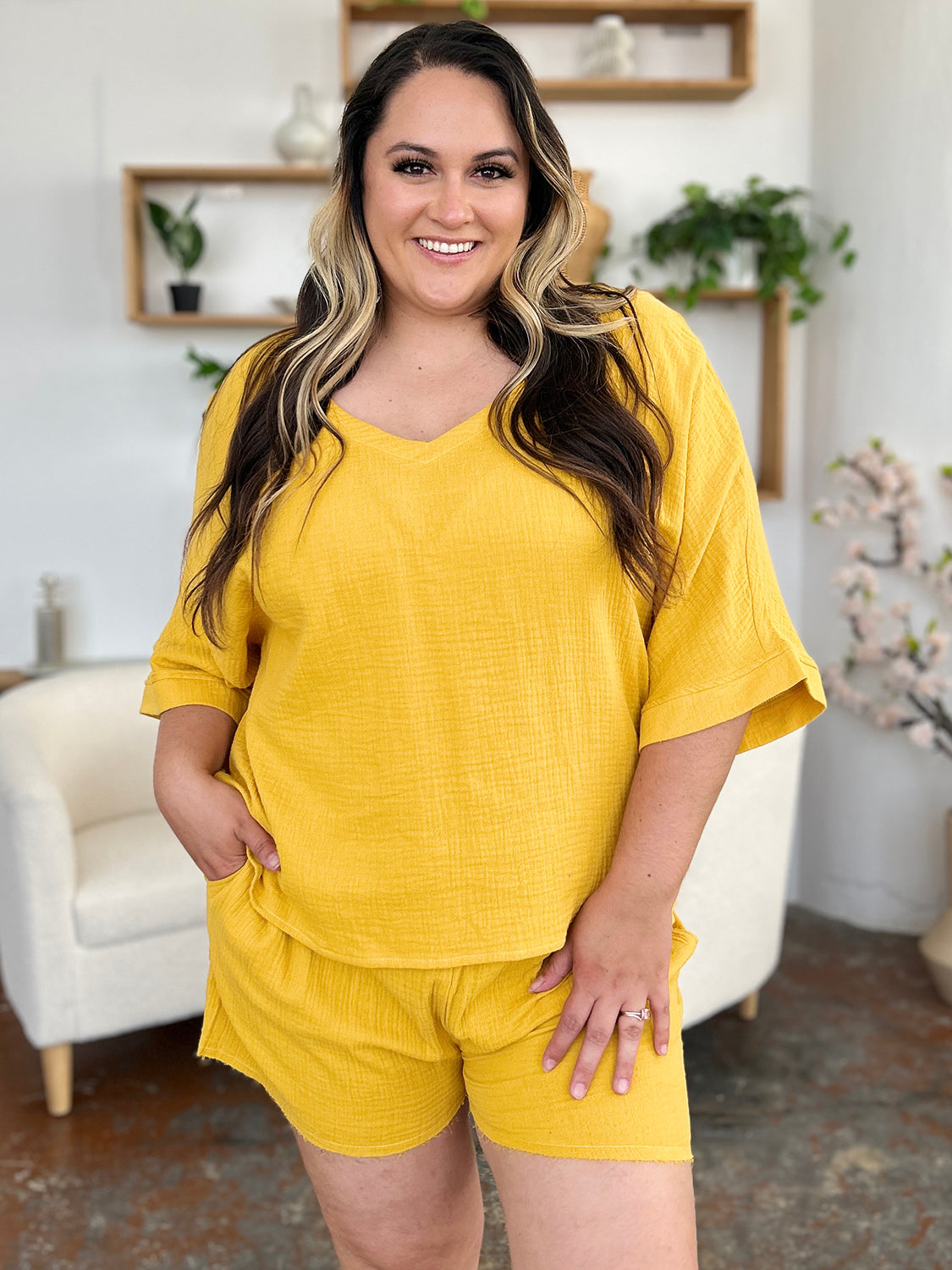 Daphne Texture Half Sleeve T-Shirt and Drawstring Shorts Set
