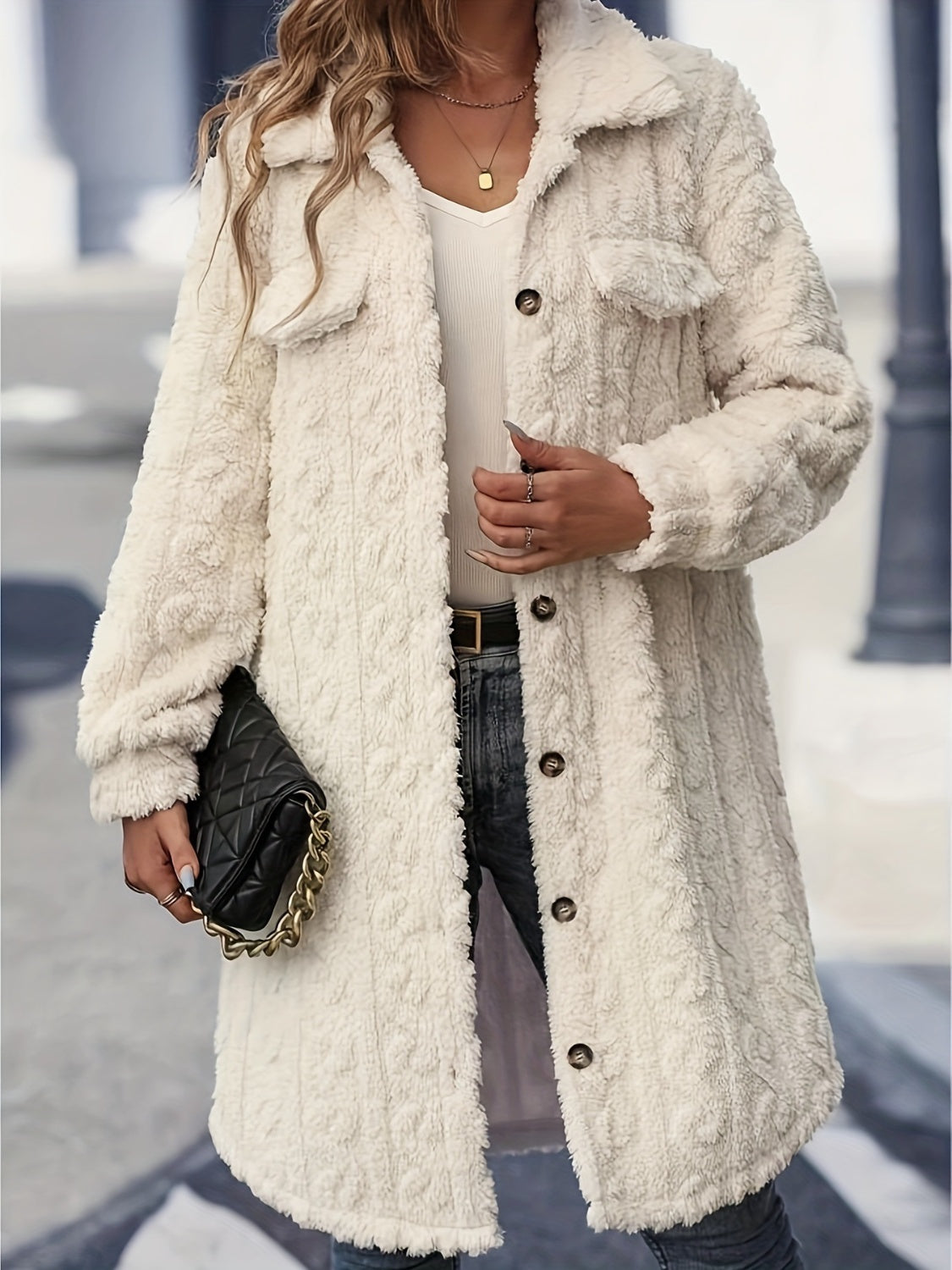 Retta Fuzzy Button Up Long Sleeve Longline Coat