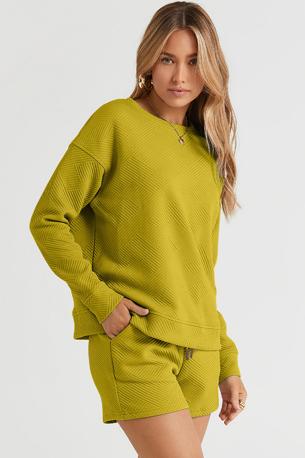 Lydia Texture Long Sleeve Top and Drawstring Shorts Set