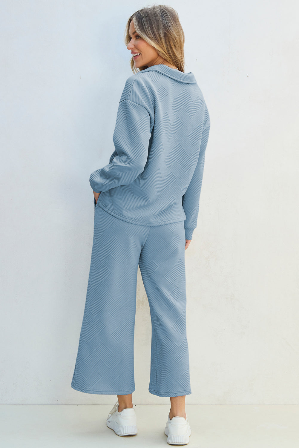 Stephanie Textured Collared Neck Top and Wide Leg Pants Set