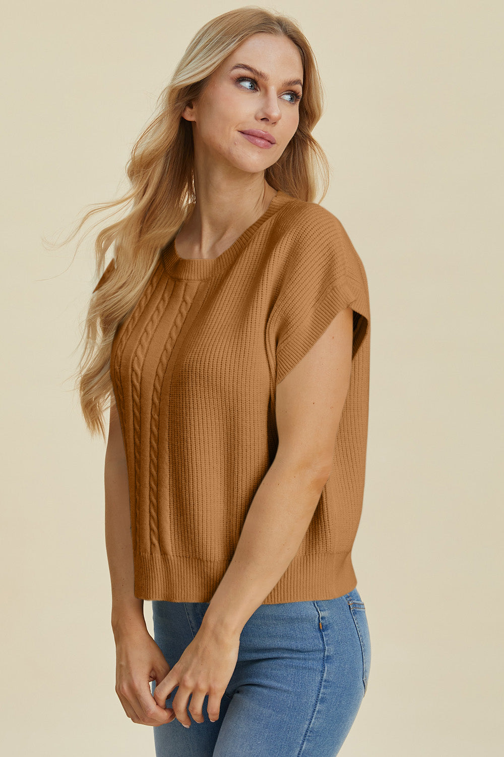 Jovi Double Take Cable-Knit Round Neck Short Sleeve Sweater