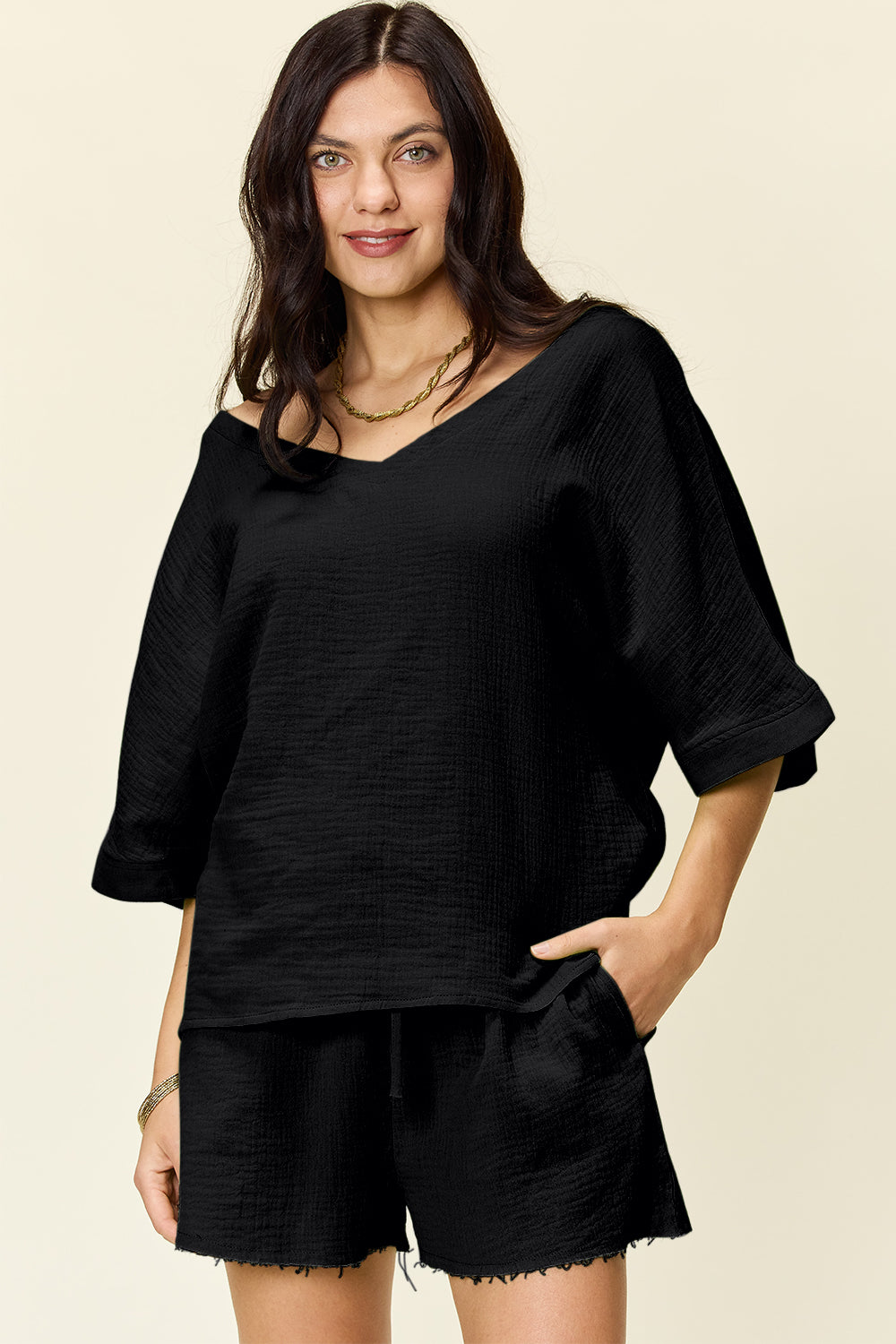 Daphne Texture Half Sleeve T-Shirt and Drawstring Shorts Set