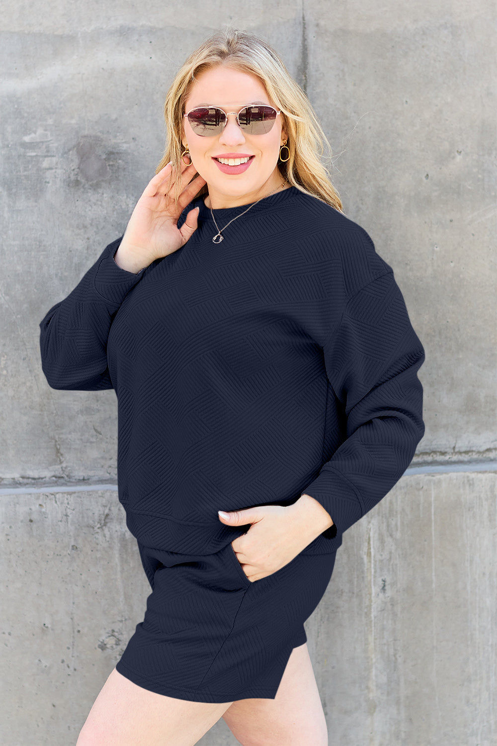 Lydia Texture Long Sleeve Top and Drawstring Shorts Set
