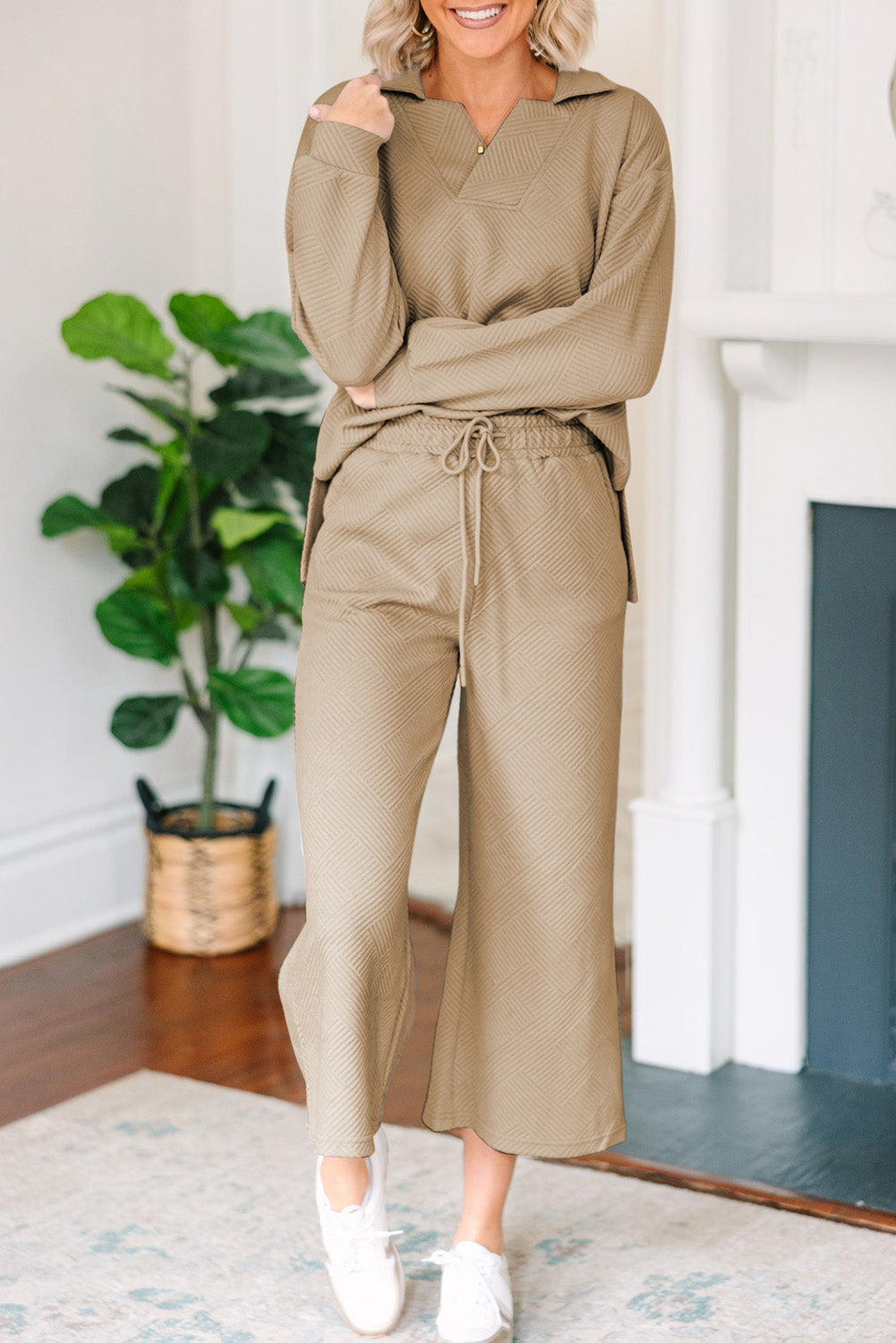 Stephanie Textured Collared Neck Top and Wide Leg Pants Set