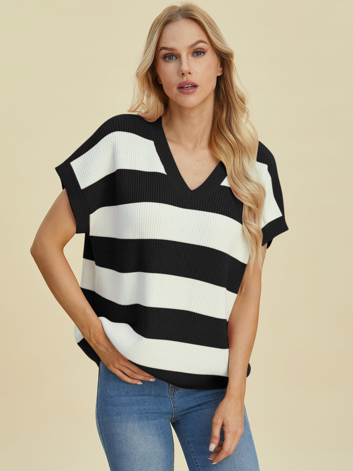 Anna Striped V-Neck Short Sleeve Sweater