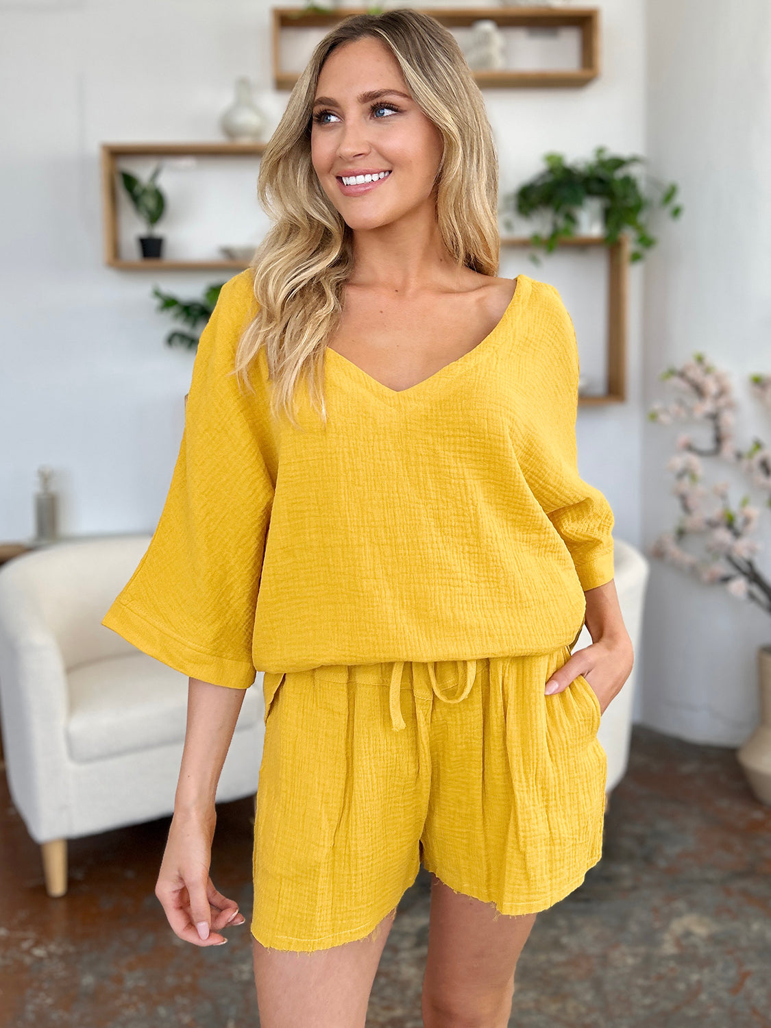 Daphne Texture Half Sleeve T-Shirt and Drawstring Shorts Set
