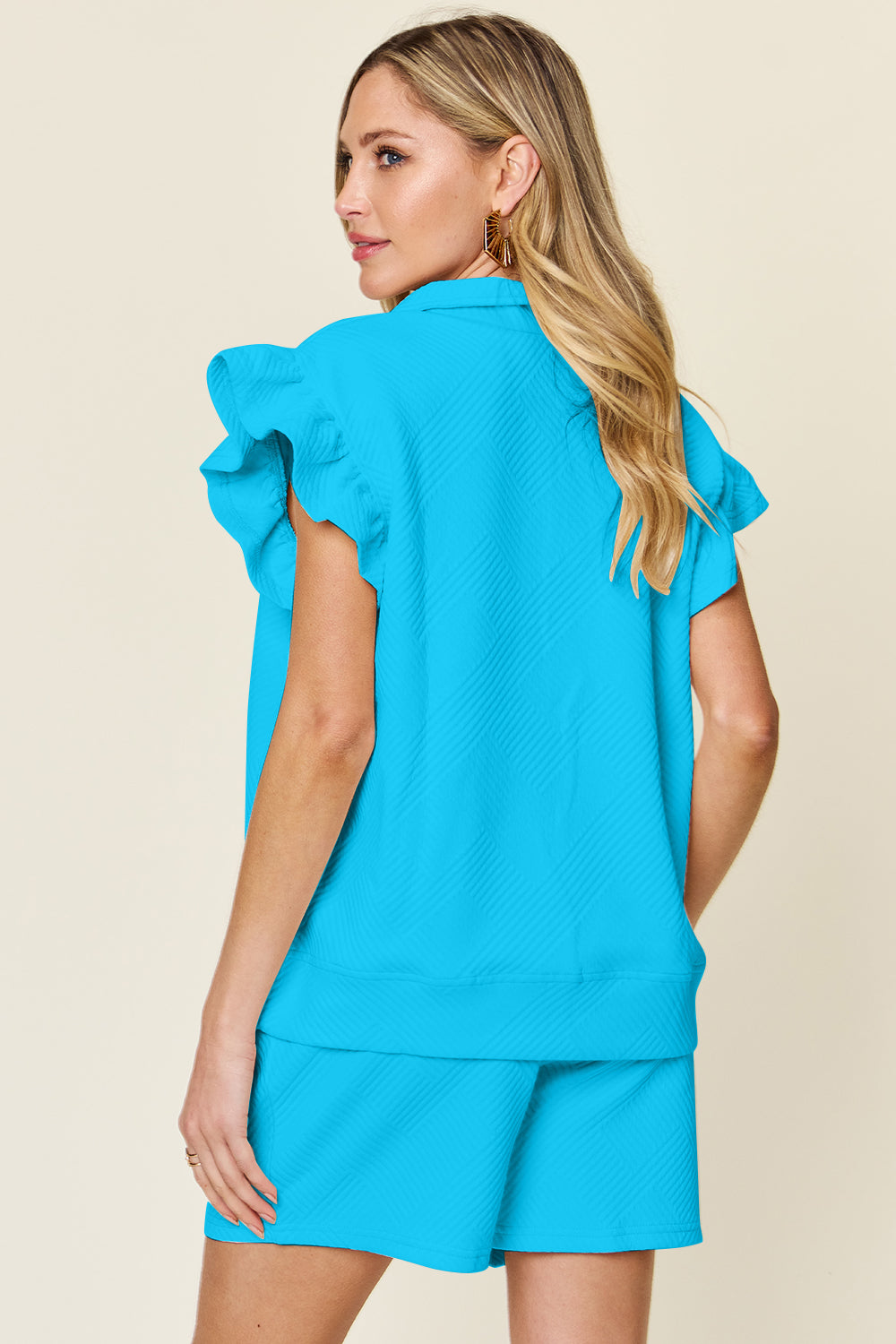 Indie Texture Flounce Sleeve Top and Drawstring Shorts Set