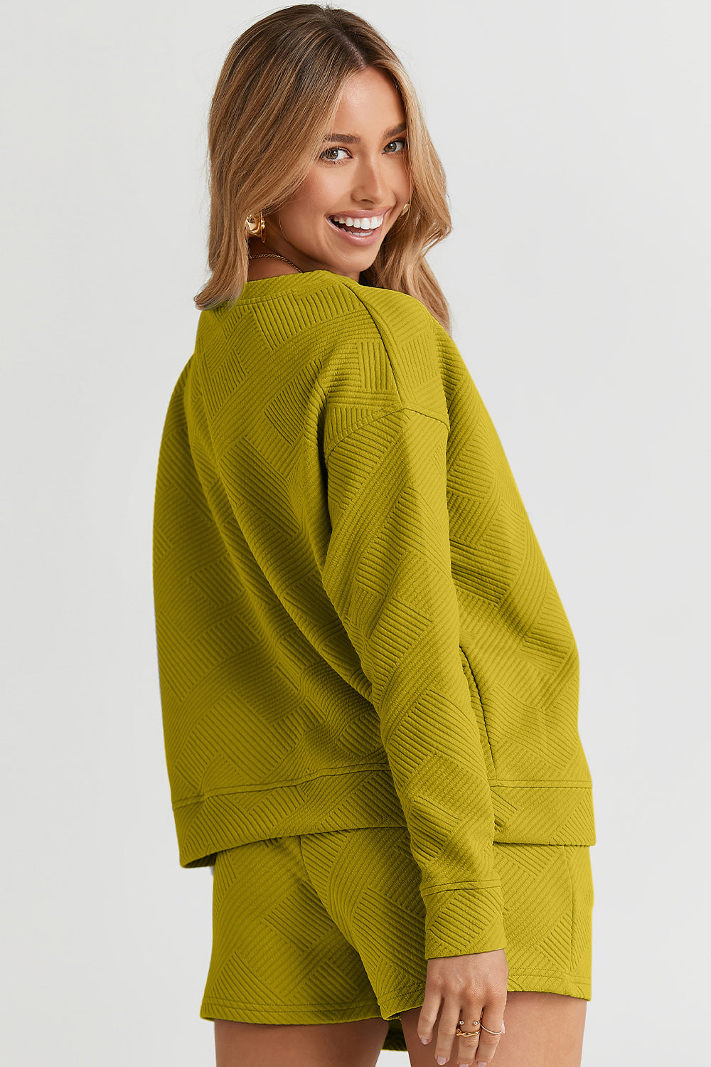 Lydia Texture Long Sleeve Top and Drawstring Shorts Set
