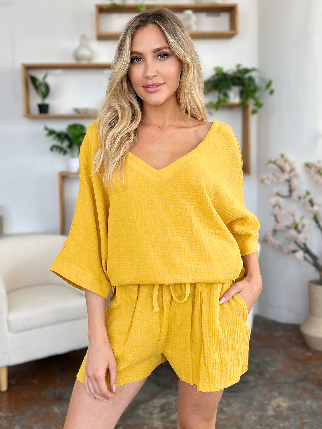 Daphne Texture Half Sleeve T-Shirt and Drawstring Shorts Set