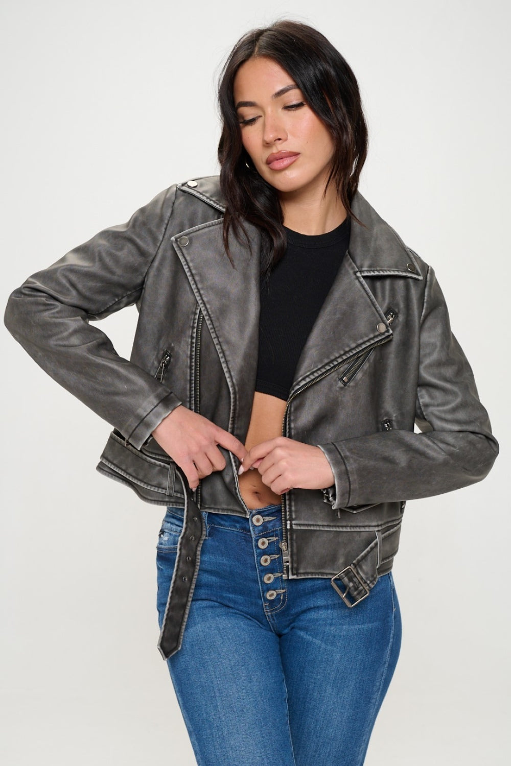 Caren Zip Up Biker Jacket with Belt