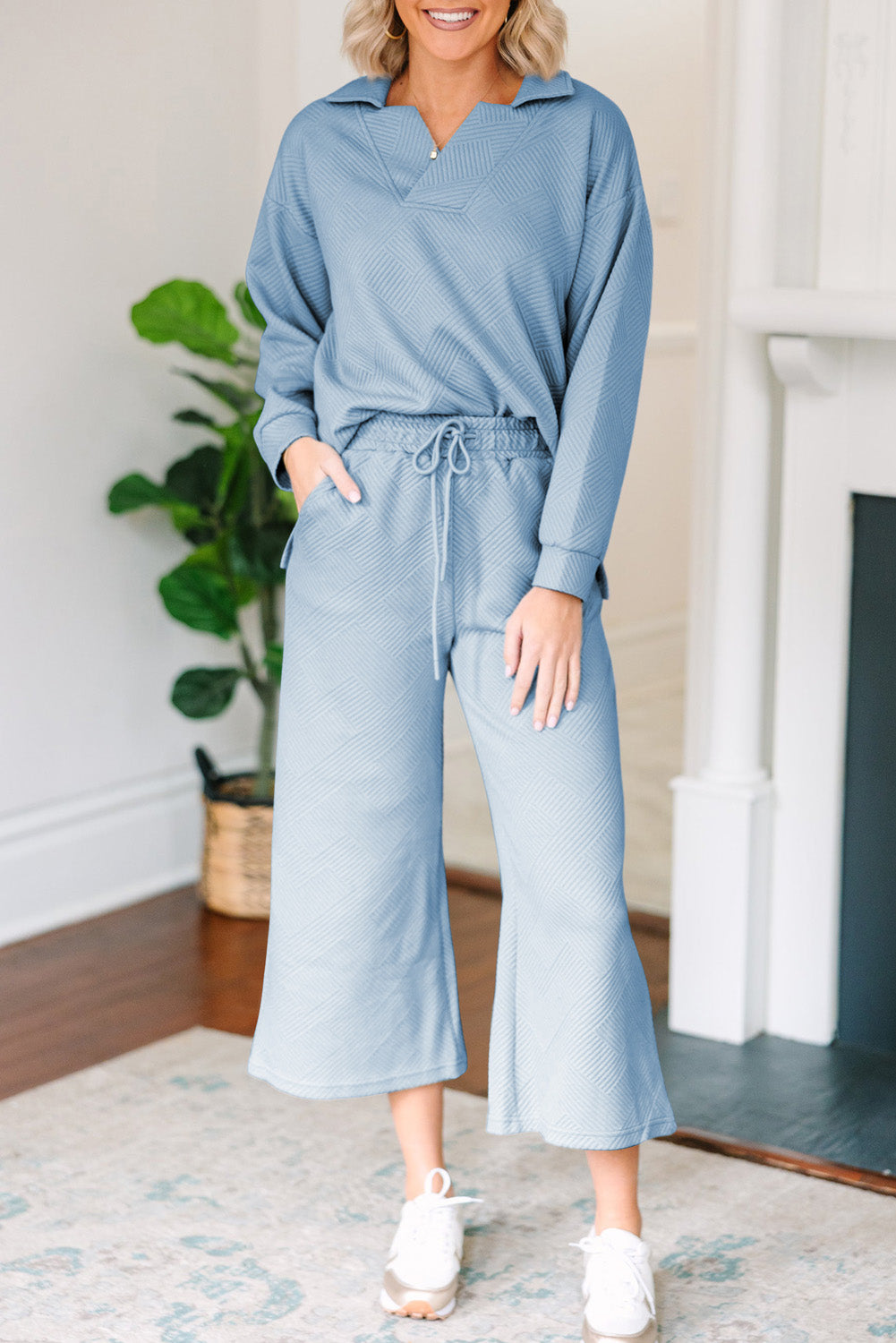 Stephanie Textured Collared Neck Top and Wide Leg Pants Set