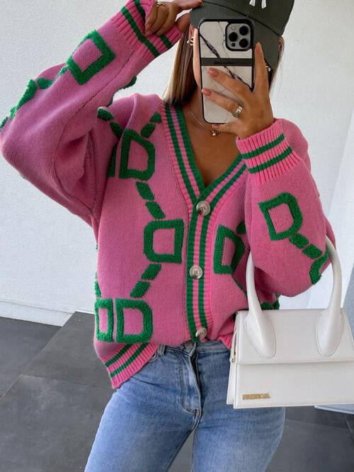 Capri Geometric Dropped Shoulder Button Down Cardigan