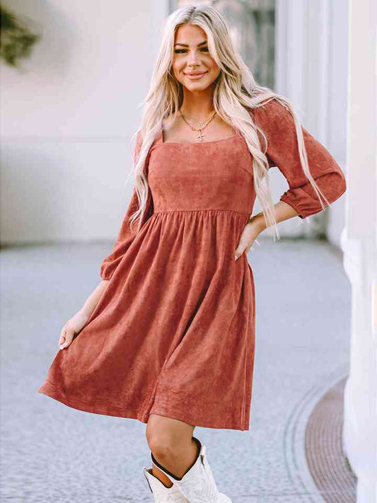 Athena Square Neck Three-Quarter Sleeve Mini Dress