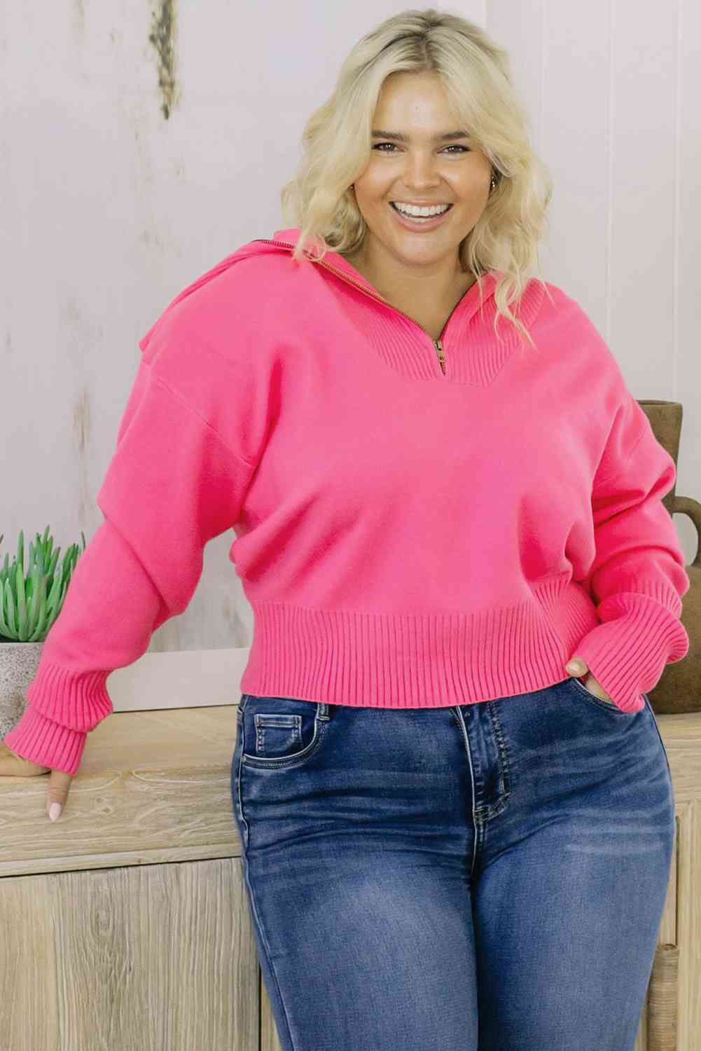 Lynn Collared Neck Zip-Up Long Sleeve Sweater