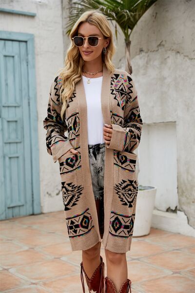 Anya Pocketed Geometric Open Front Dropped Shoulder Cardigan