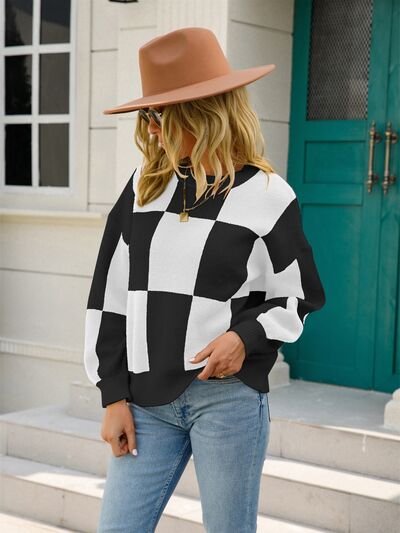 Hannah Checkered Round Neck Dropped Shoulder Sweater