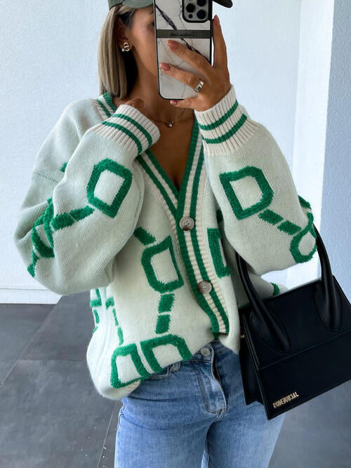 Capri Geometric Dropped Shoulder Button Down Cardigan