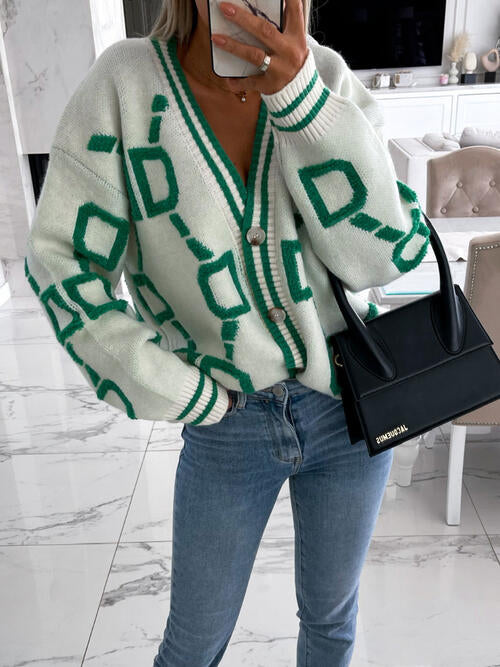 Capri Geometric Dropped Shoulder Button Down Cardigan