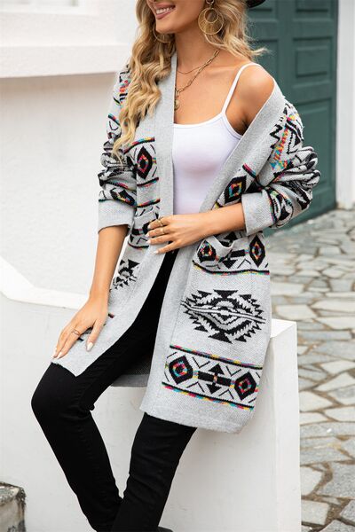 Anya Pocketed Geometric Open Front Dropped Shoulder Cardigan