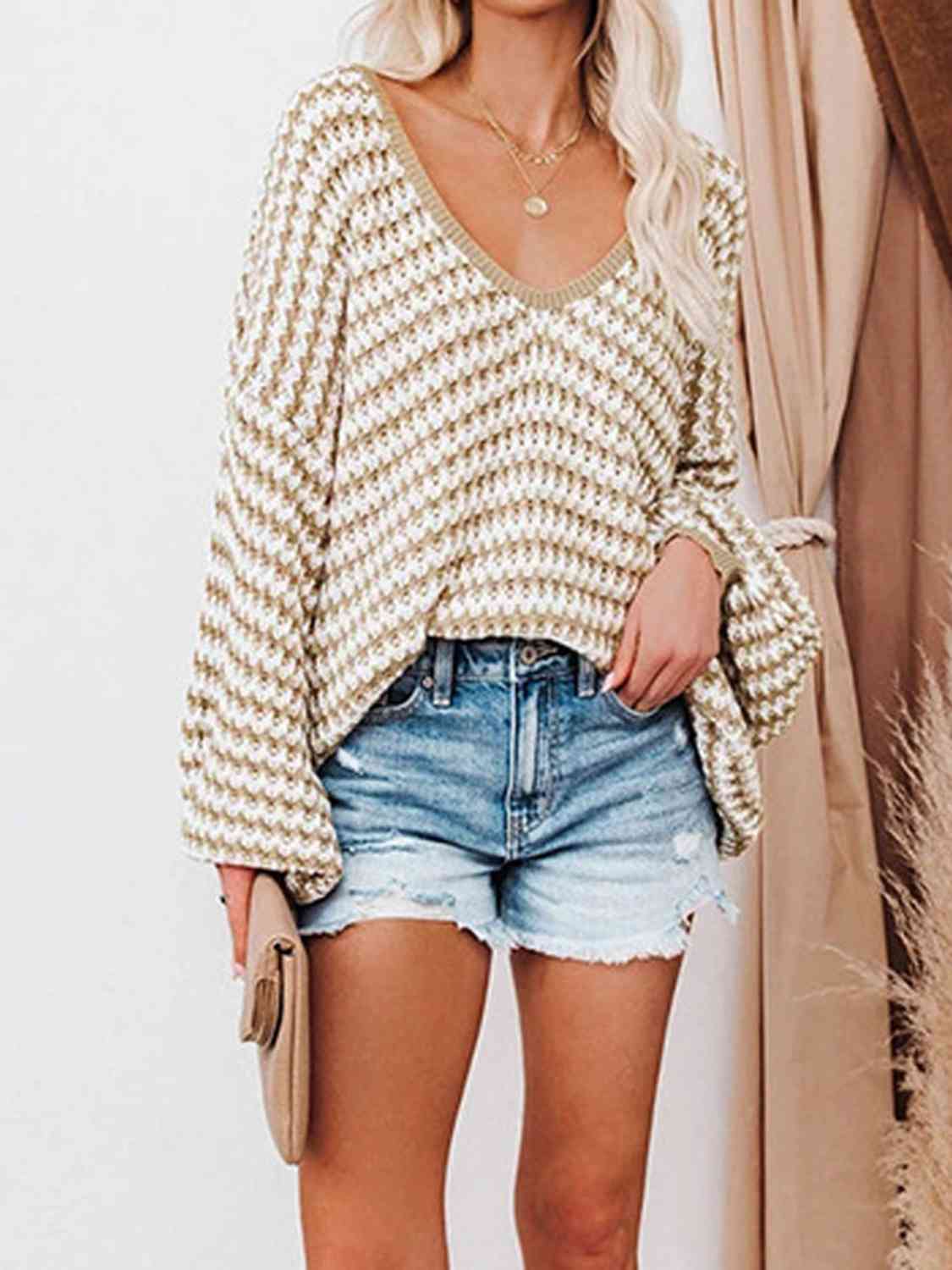 Carmen Striped Drop Shoulder V-Neck Sweater