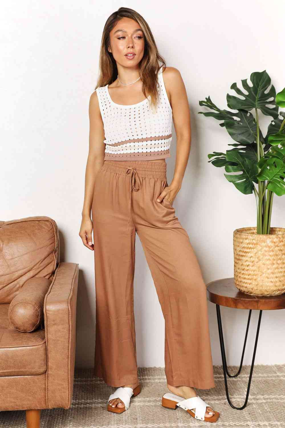 Dawn Drawstring Smocked Waist Wide Leg Pants