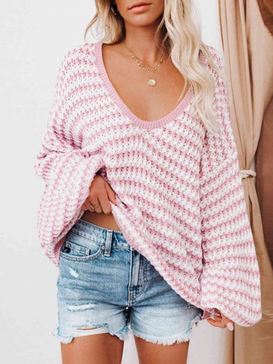 Carmen Striped Drop Shoulder V-Neck Sweater