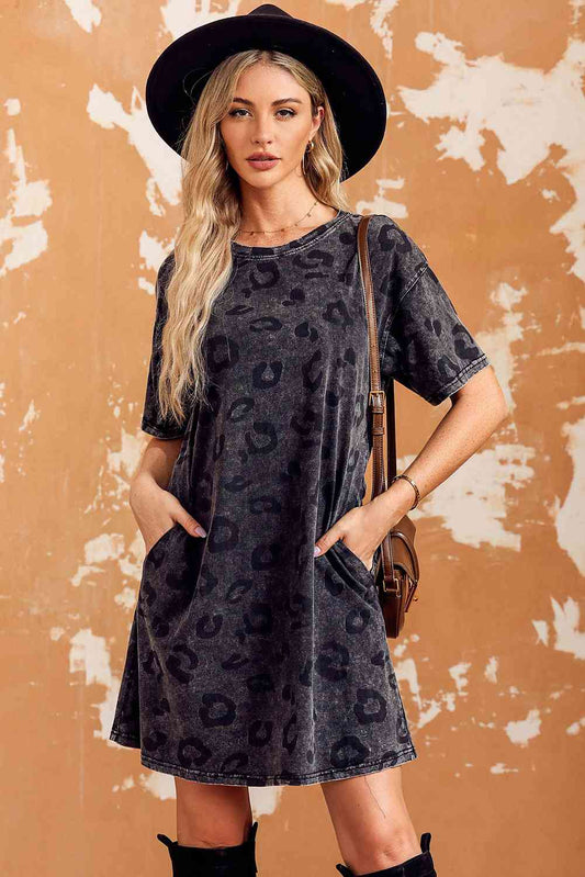 Rowan Leopard Round Neck Dropped Shoulder Dress with Pockets