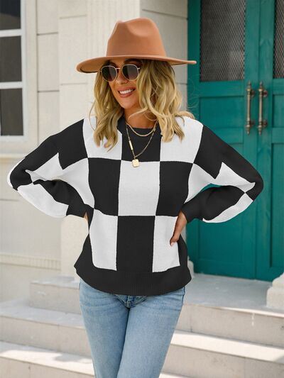Hannah Checkered Round Neck Dropped Shoulder Sweater