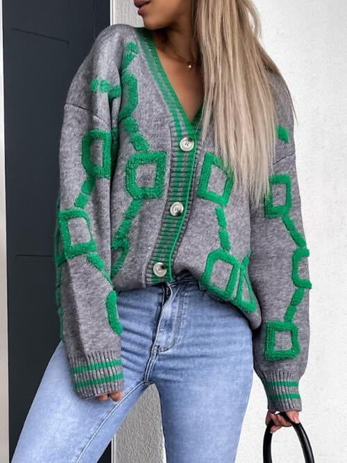 Capri Geometric Dropped Shoulder Button Down Cardigan